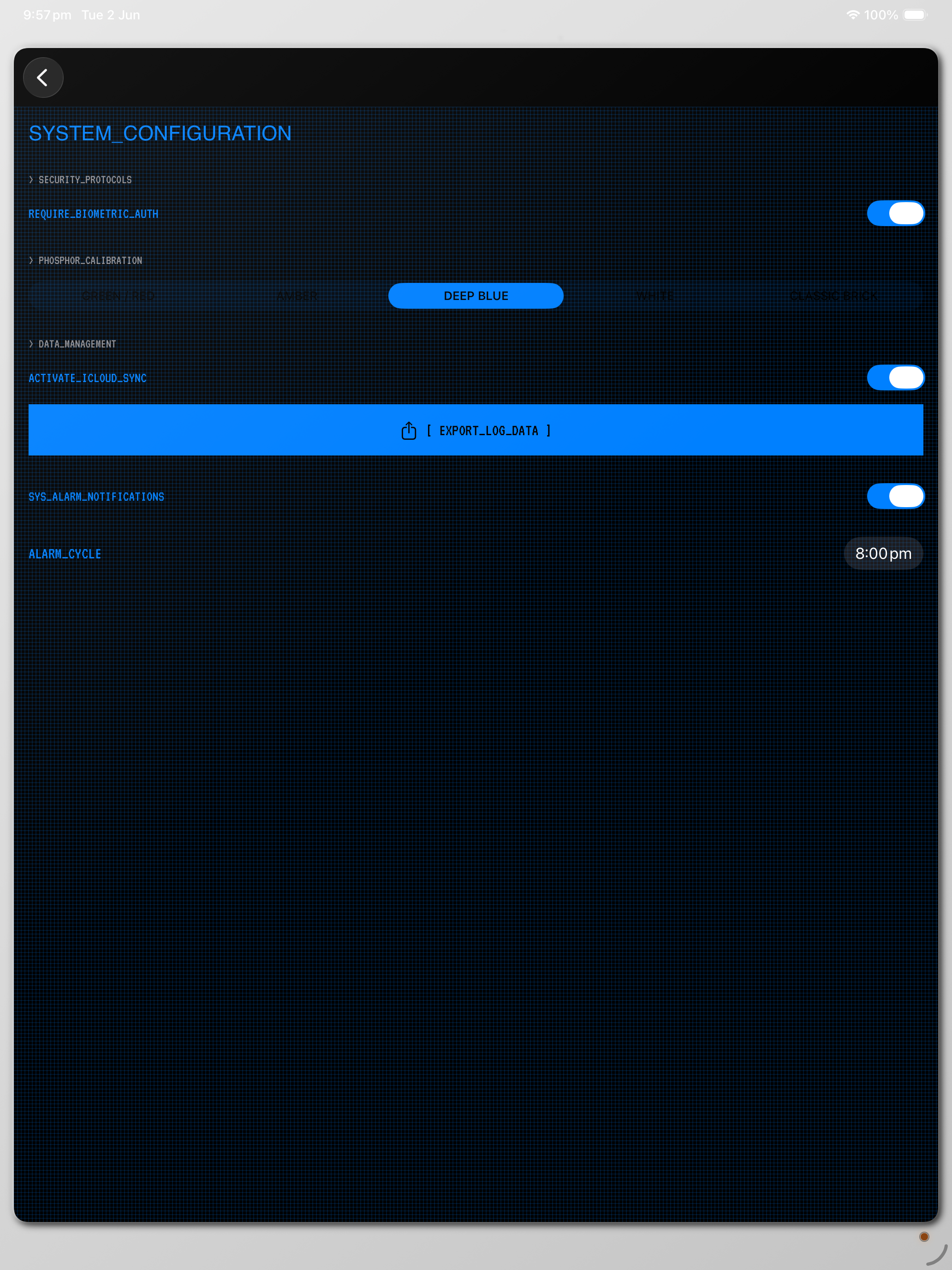 Deep Blue phosphor theme on iPad with biometric lock and data export enabled