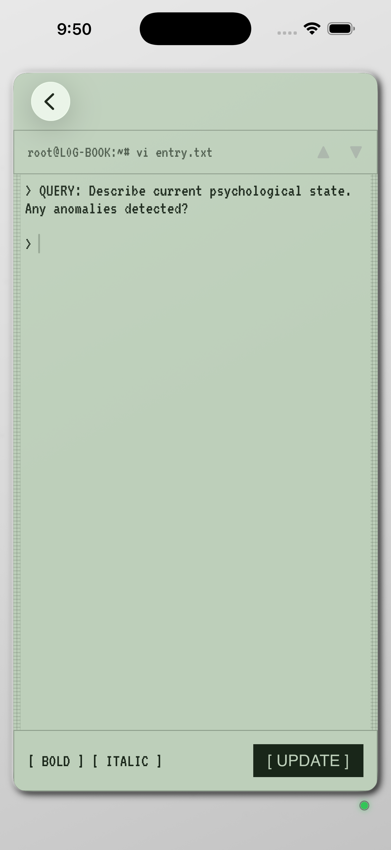 Orbital L0G journal entry in the Classic Brick theme